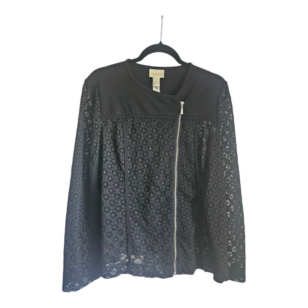 Chico's Black Floral Lace Moto Zip Long Sleeve Top Womens Size 2/LG Stretch